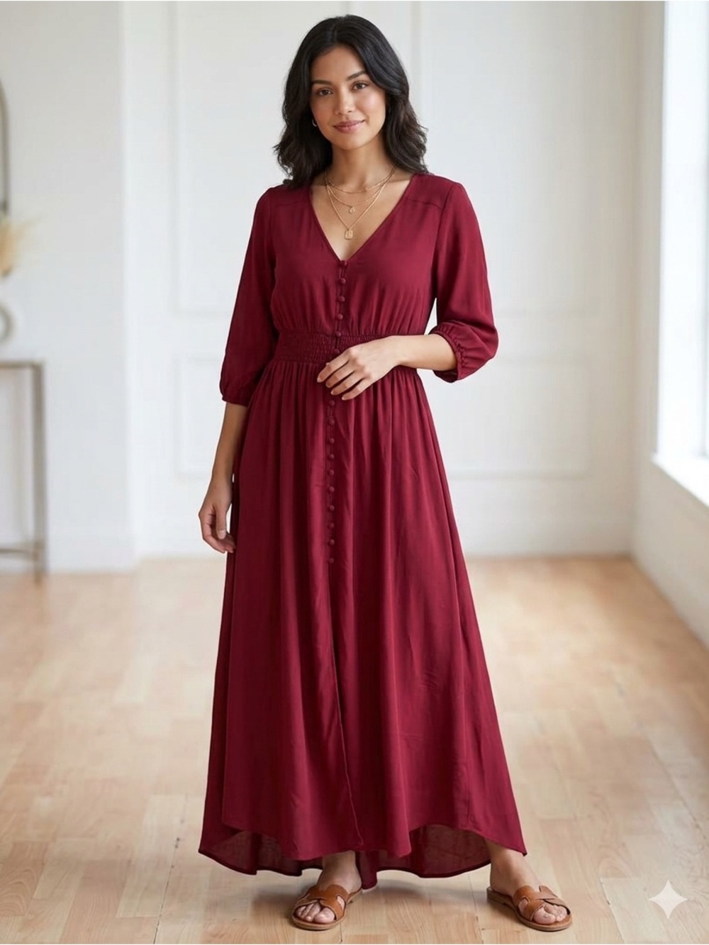 Women's V-Neck Button-Front Maxi Dress - Burgundy